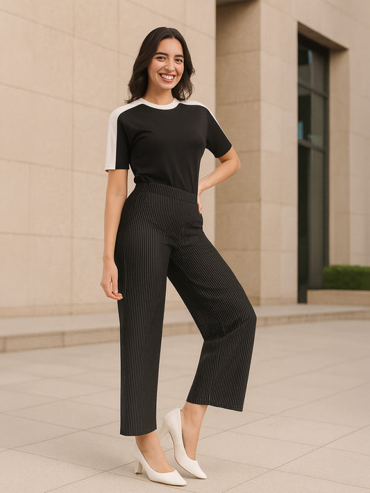 LivIn Striped Wide Leg Pants - Black