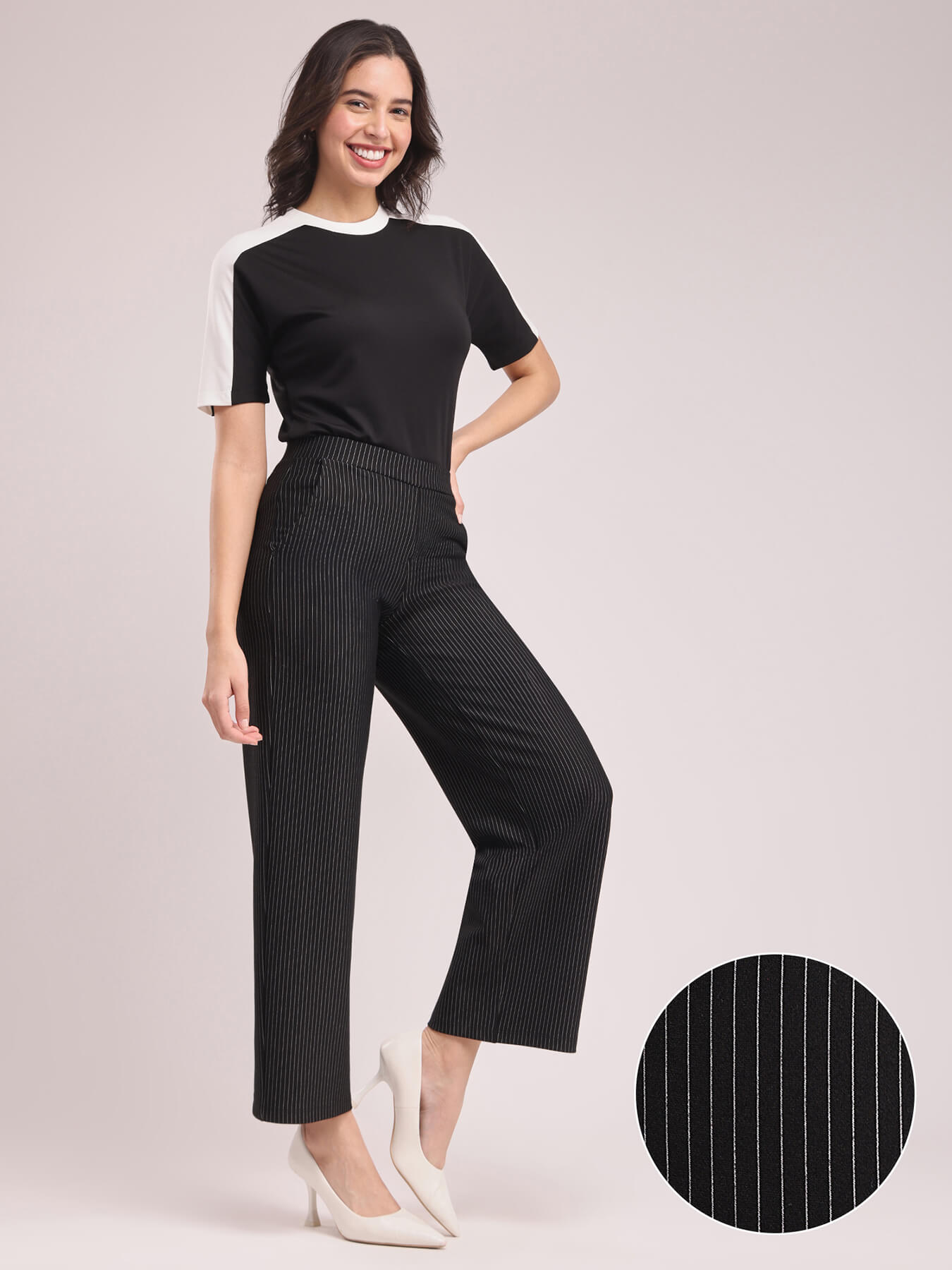 LivIn Striped Wide Leg Pants - Black