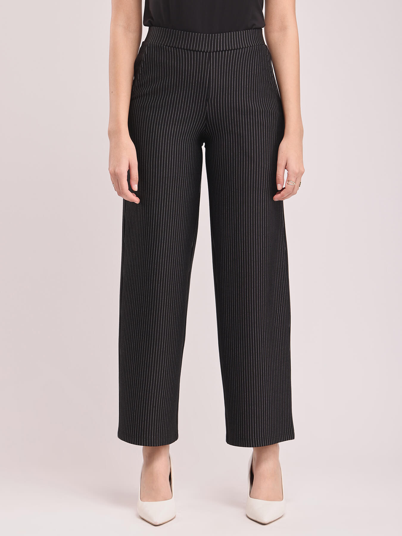 LivIn Striped Wide Leg Pants - Black