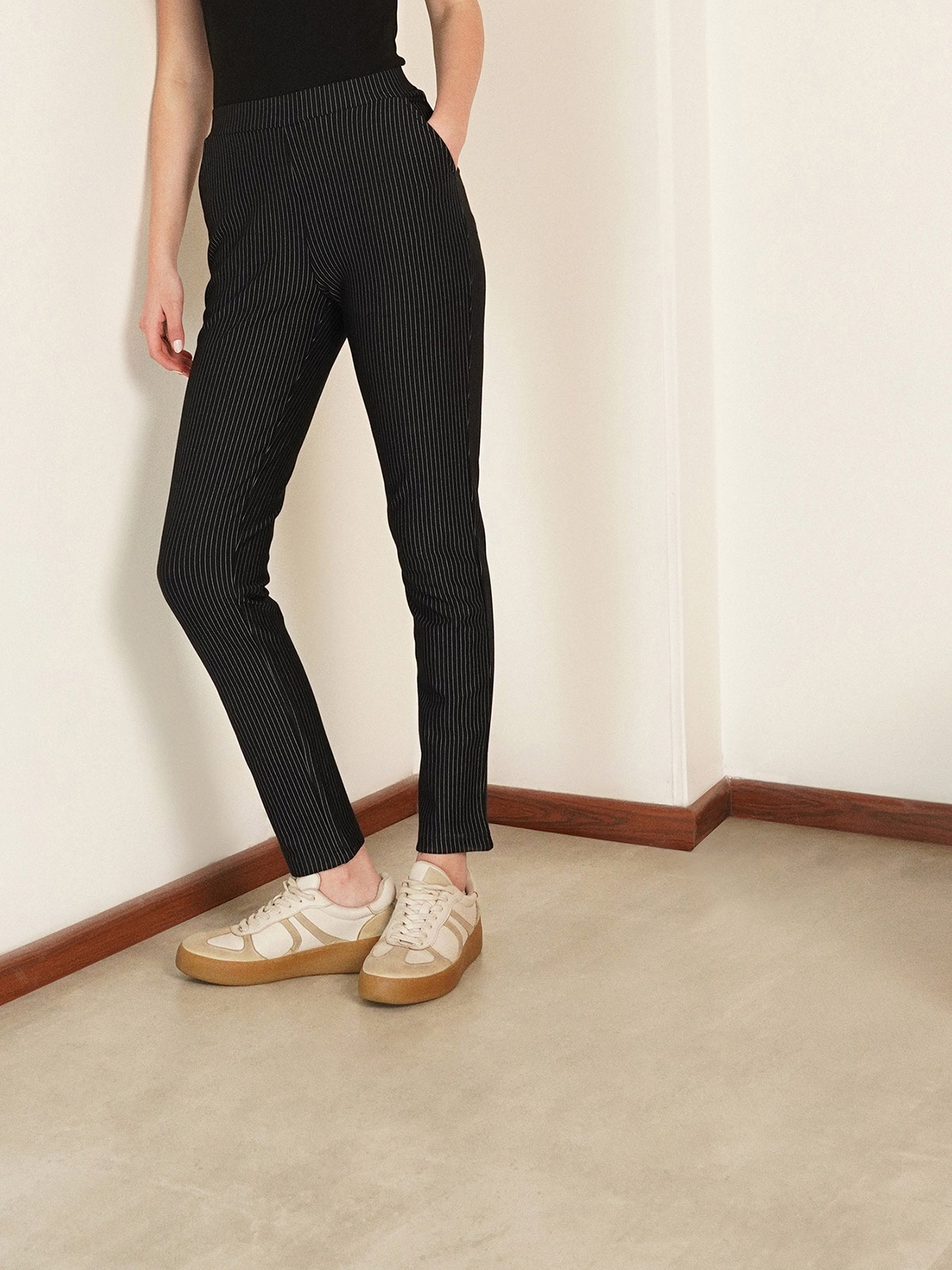 LivIn Striped Straight Pants - Black