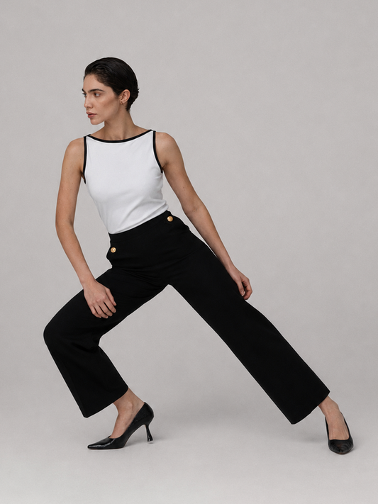 LivIn Wide Leg Pants With Buttons- Black