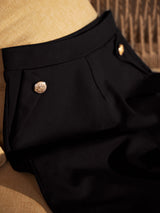 LivIn Wide Leg Pants With Buttons- Black