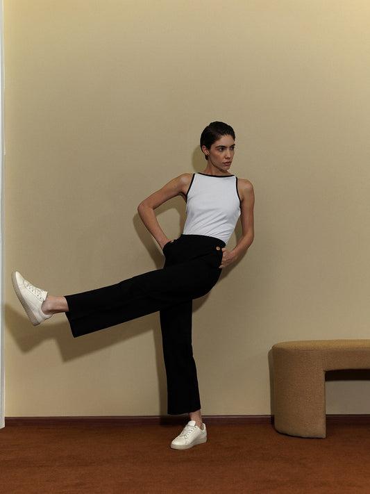 LivIn Wide Leg Pants With Buttons- Black