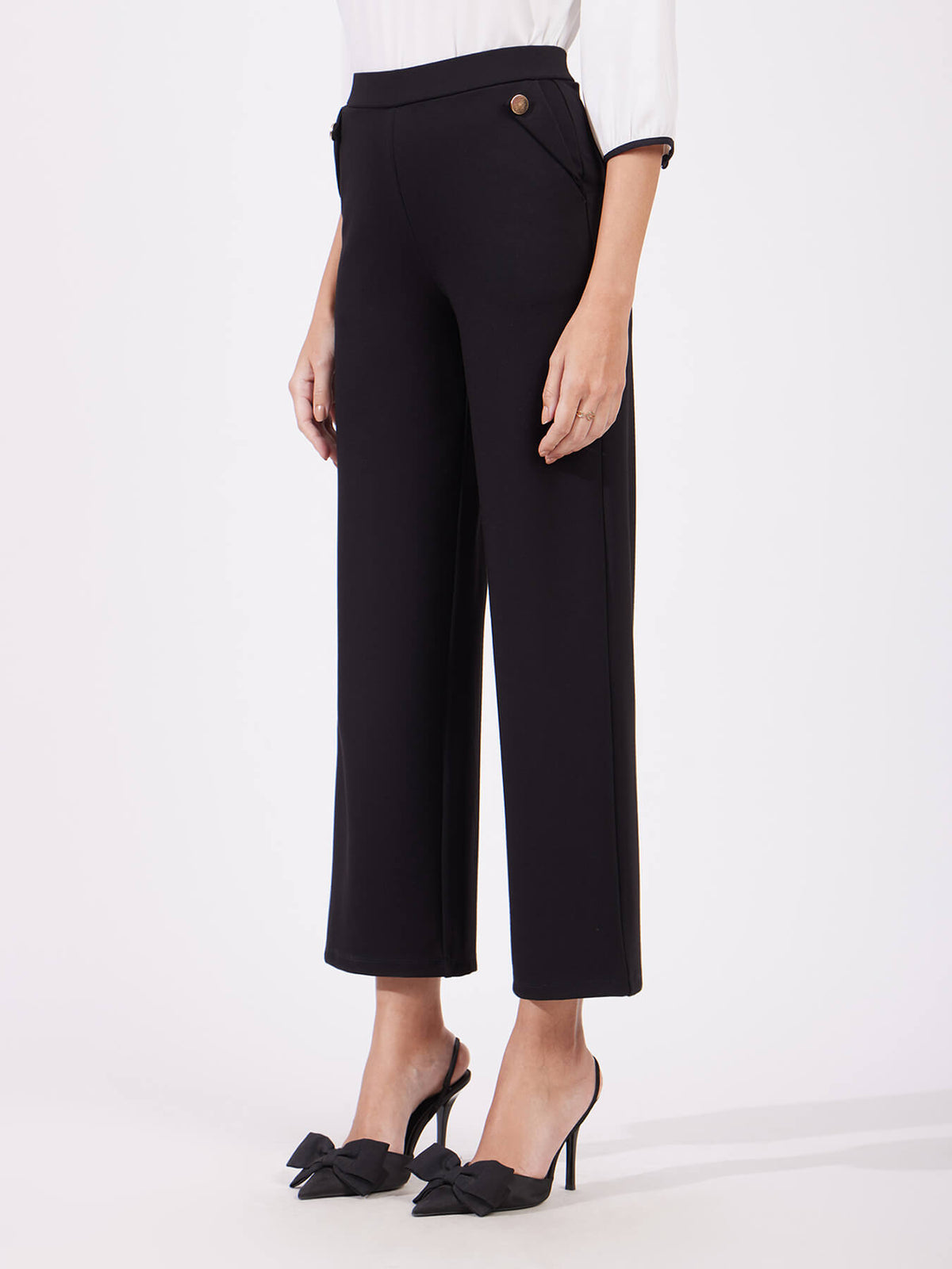 LivIn Wide Leg Pants With Buttons- Black