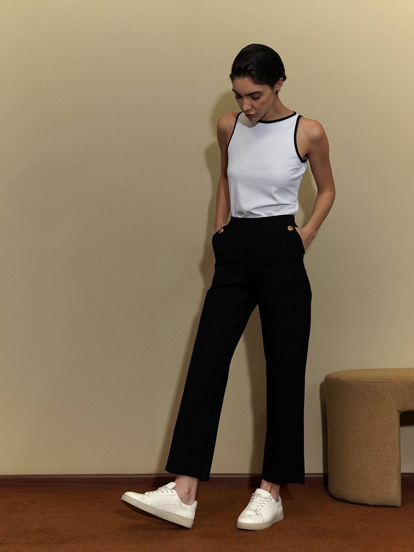 LivIn Wide Leg Pants With Buttons- Black