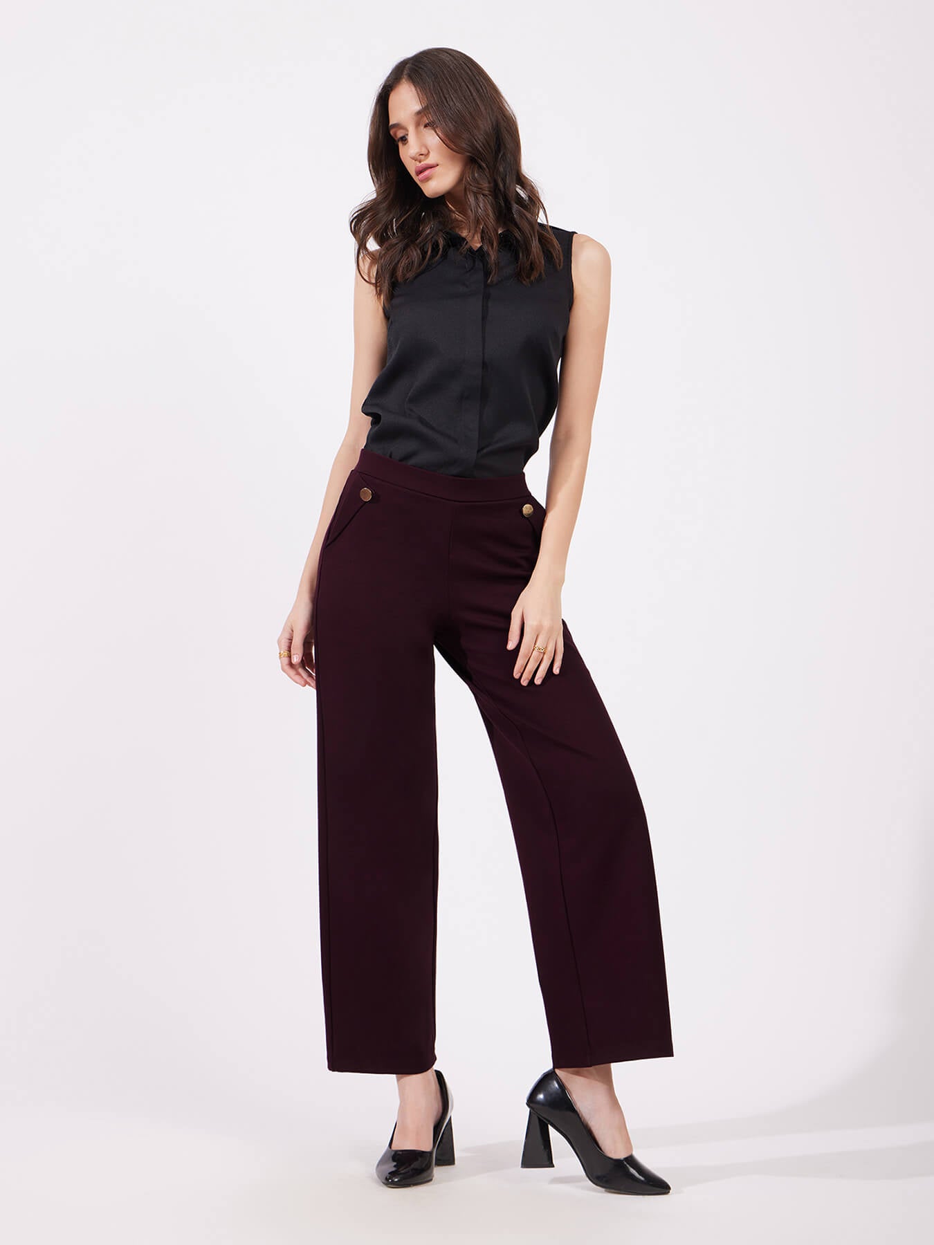 LivIn Wide Leg Pants With Buttons - Maroon