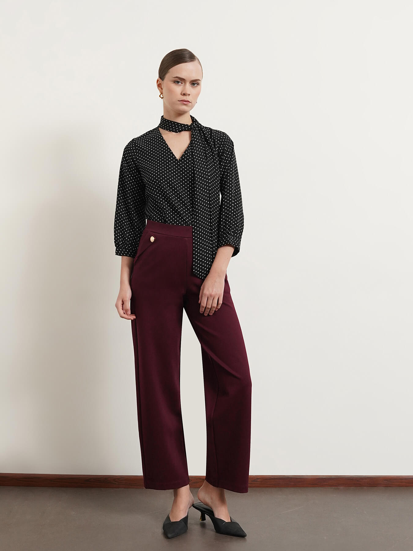 LivIn Wide Leg Pants With Buttons - Maroon