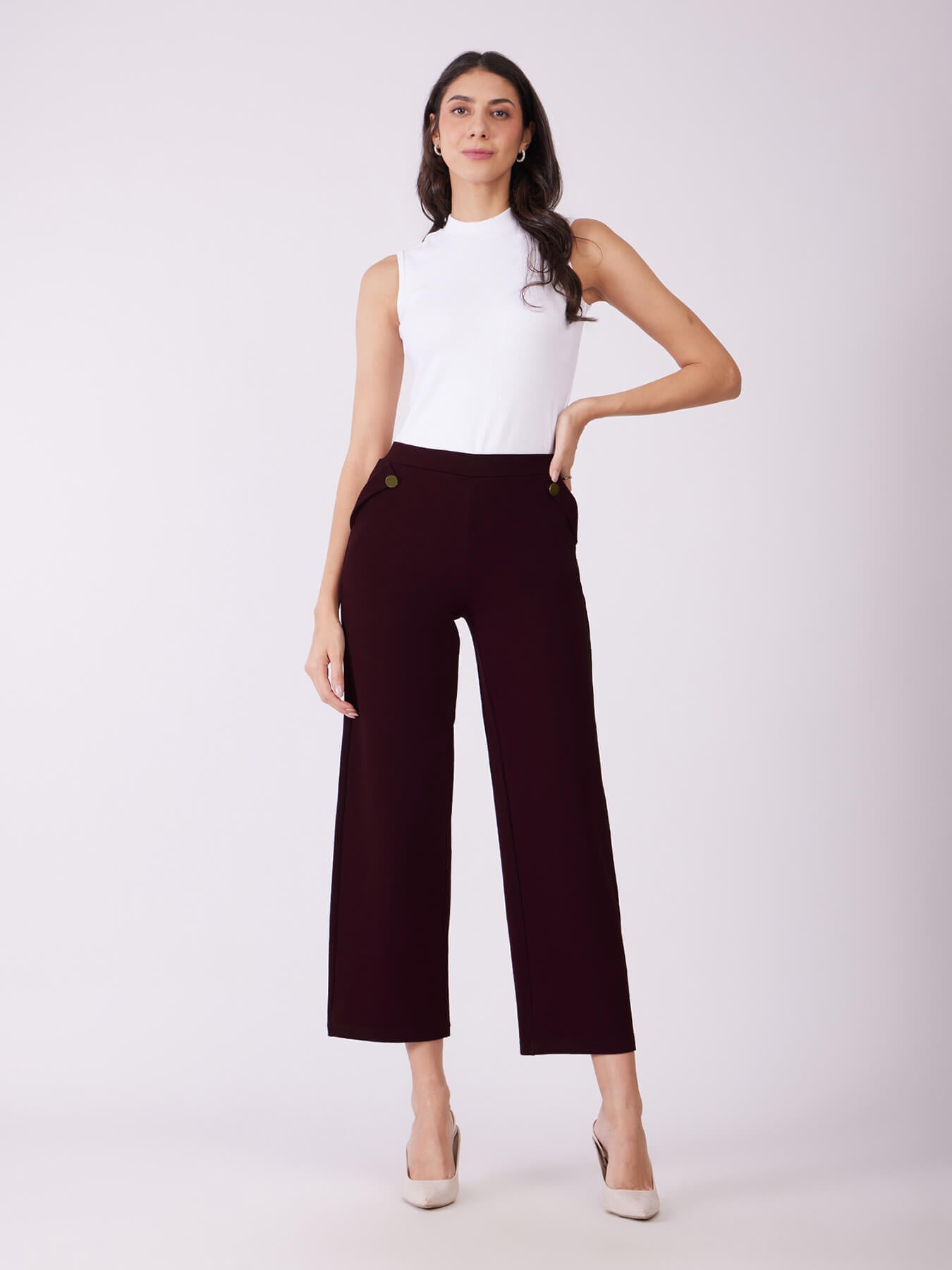 LivIn Wide Leg Pants With Buttons - Maroon