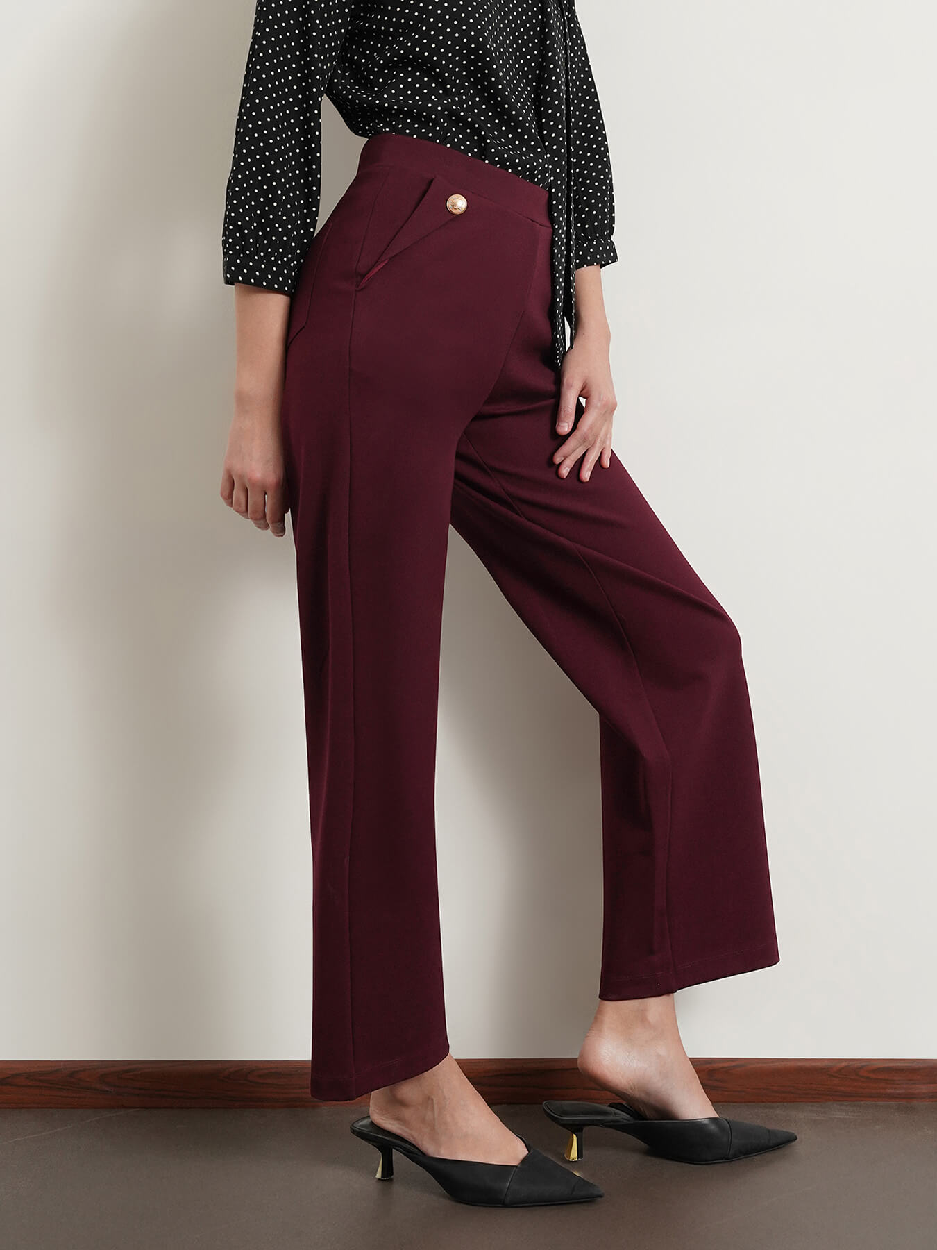 LivIn Wide Leg Pants With Buttons - Maroon