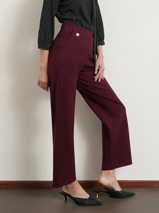 LivIn Wide Leg Pants With Buttons - Maroon