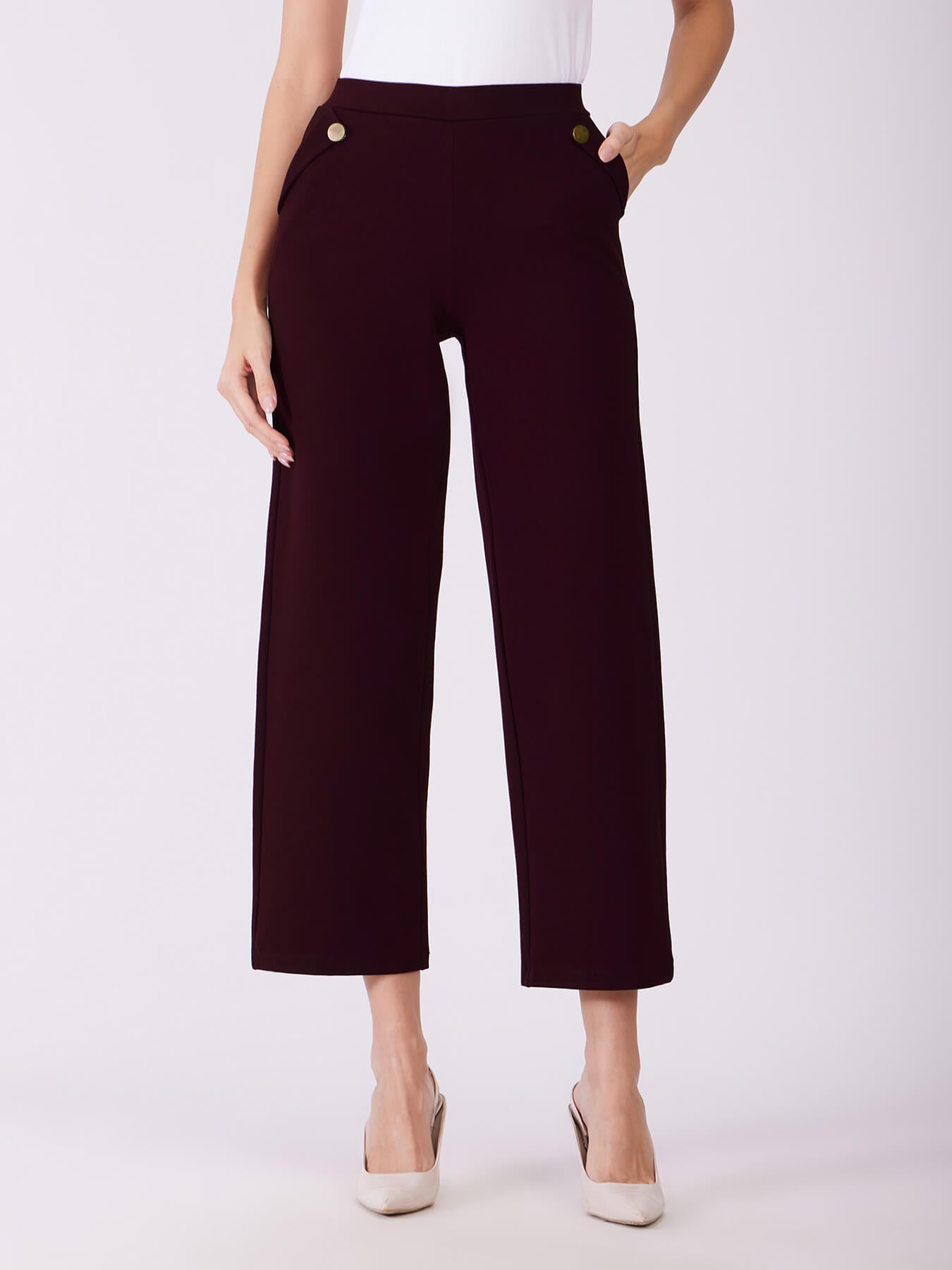 LivIn Wide Leg Pants With Buttons - Maroon