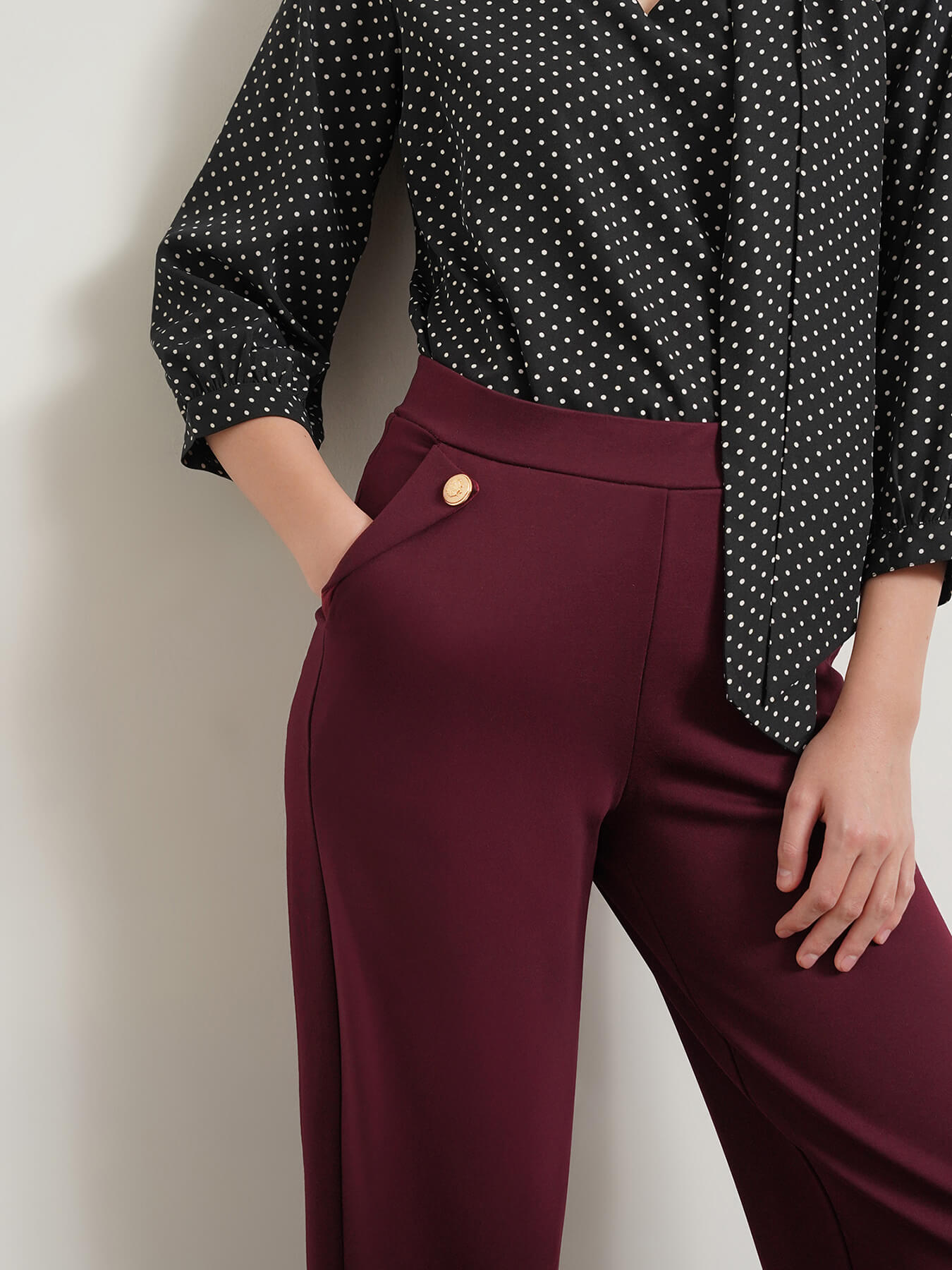LivIn Wide Leg Pants With Buttons - Maroon
