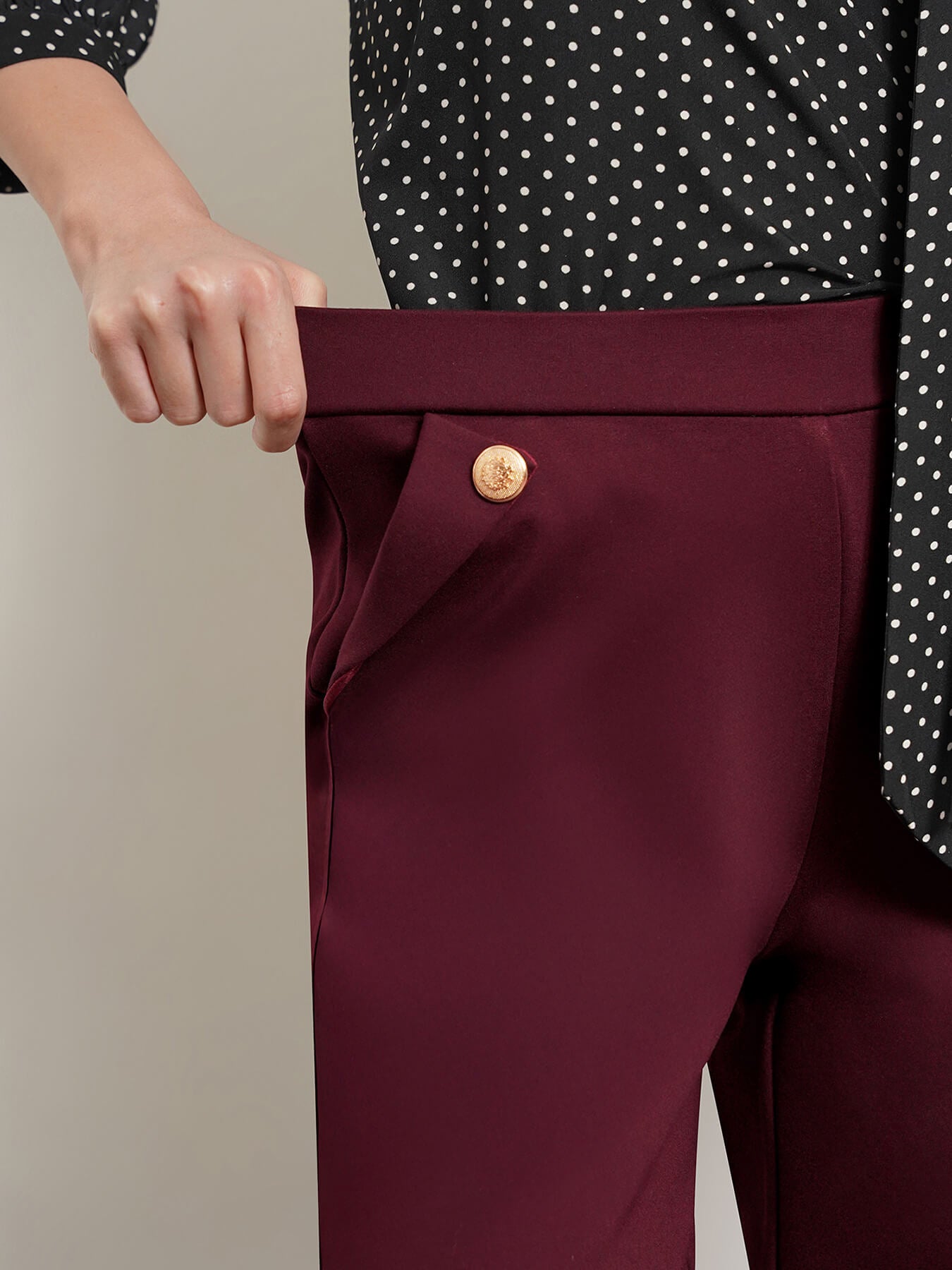 LivIn Wide Leg Pants With Buttons - Maroon