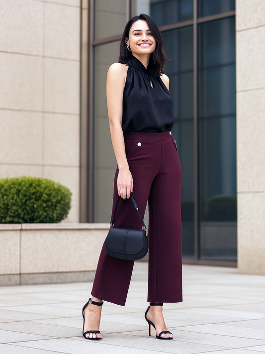 LivIn Wide Leg Pants With Buttons - Maroon