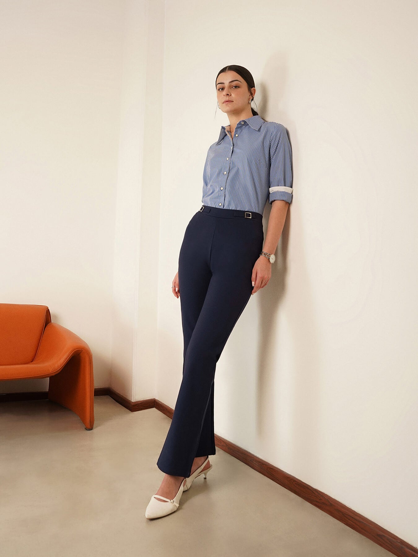 LivIn Bootcut Pants With Buckle - Navy Blue