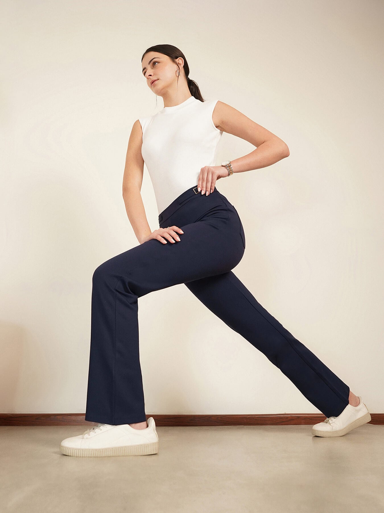 LivIn Bootcut Pants With Buckle - Navy Blue