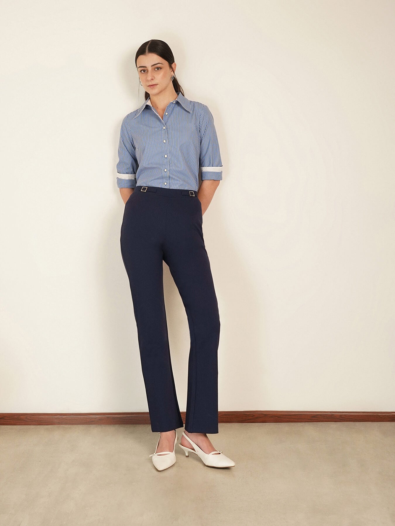 LivIn Bootcut Pants With Buckle - Navy Blue