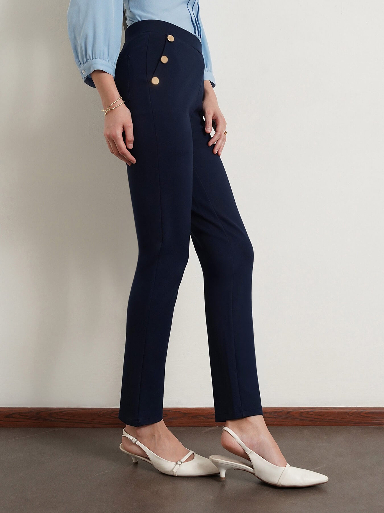 LivIn Straight Fit Pants With Buttons - Navy Blue