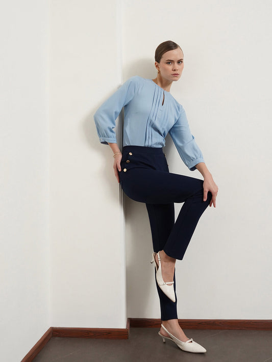 LivIn Straight Fit Pants With Buttons - Navy Blue