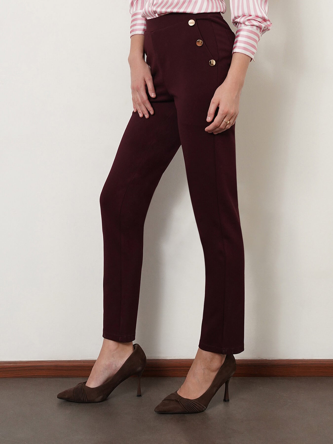 LivIn Straight Fit Pants With Buttons - Maroon
