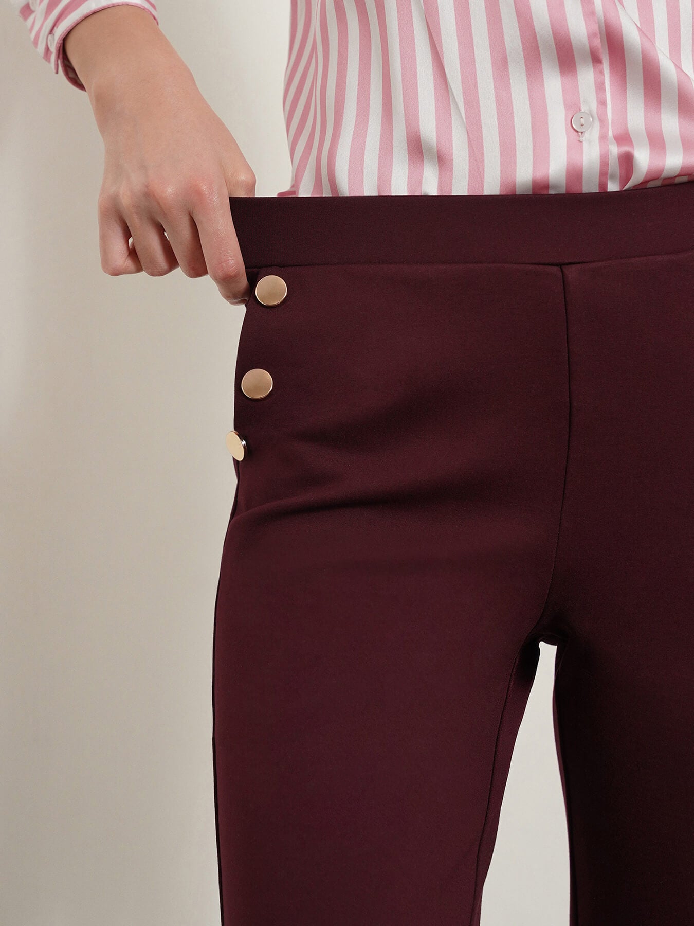 LivIn Straight Fit Pants With Buttons - Maroon