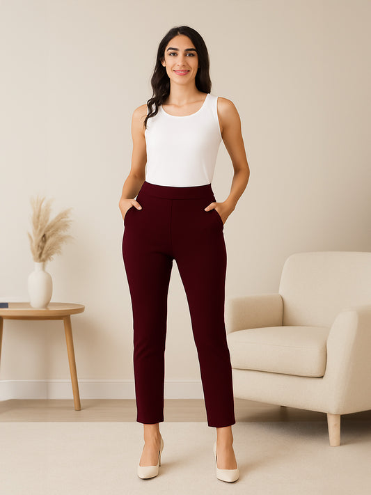 LivIn Straight Fit Pants With Buttons - Maroon