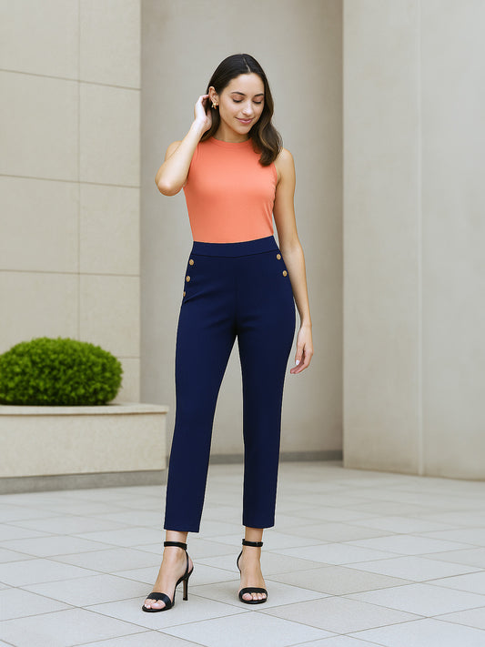 LivIn Straight Fit Pants With Buttons - Navy Blue