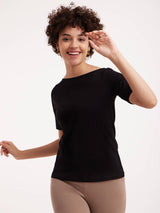 Cotton Boat Neck Knitted T Shirt - Black