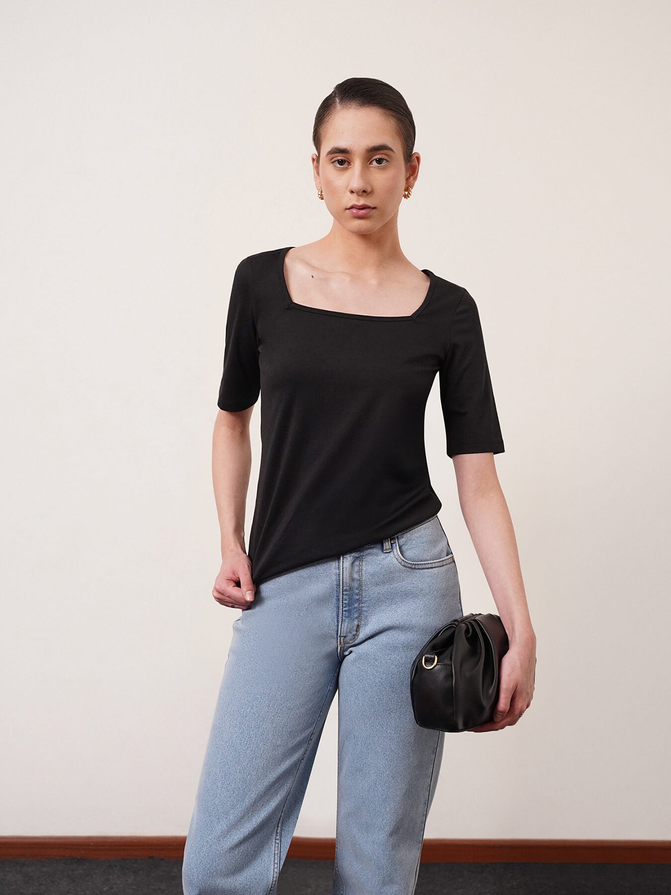 Cotton Square Neck Knitted T Shirt - Black