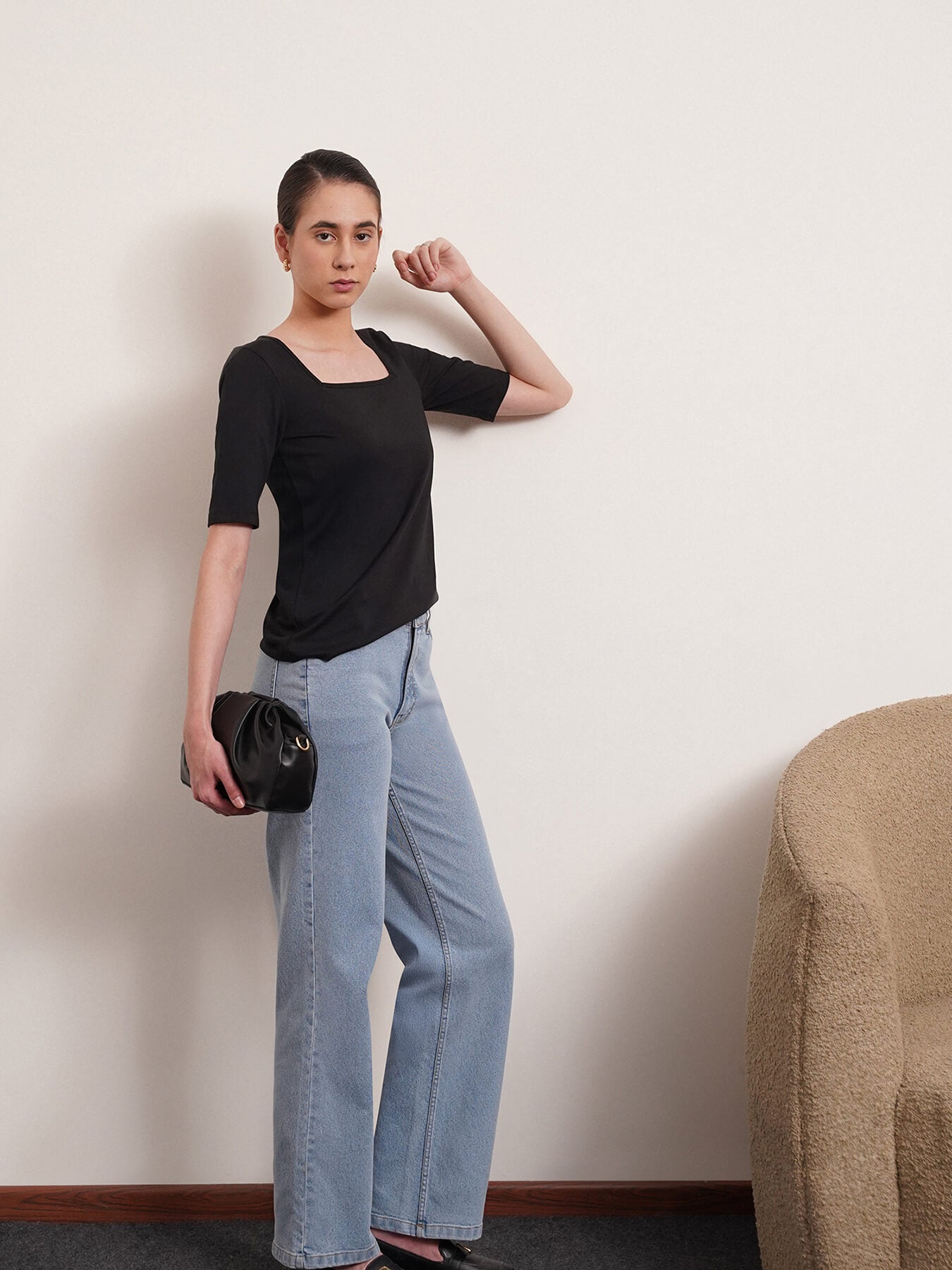 Cotton Square Neck Knitted T Shirt - Black