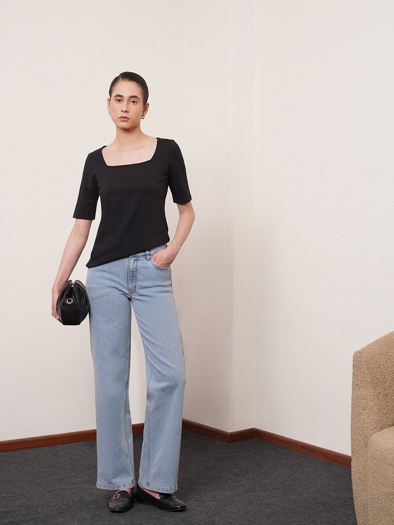 Cotton Square Neck Knitted T Shirt - Black