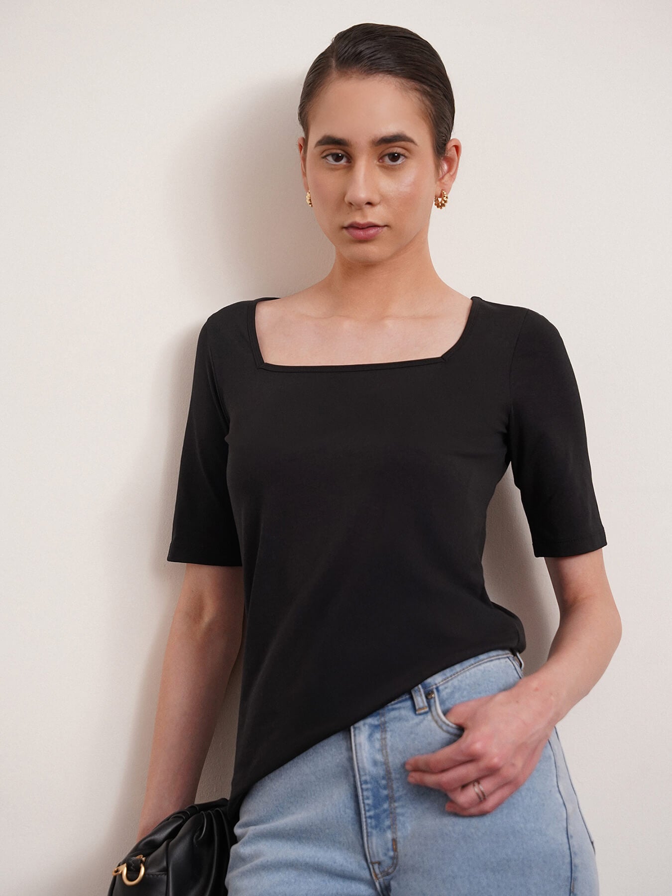 Cotton Square Neck Knitted T Shirt - Black