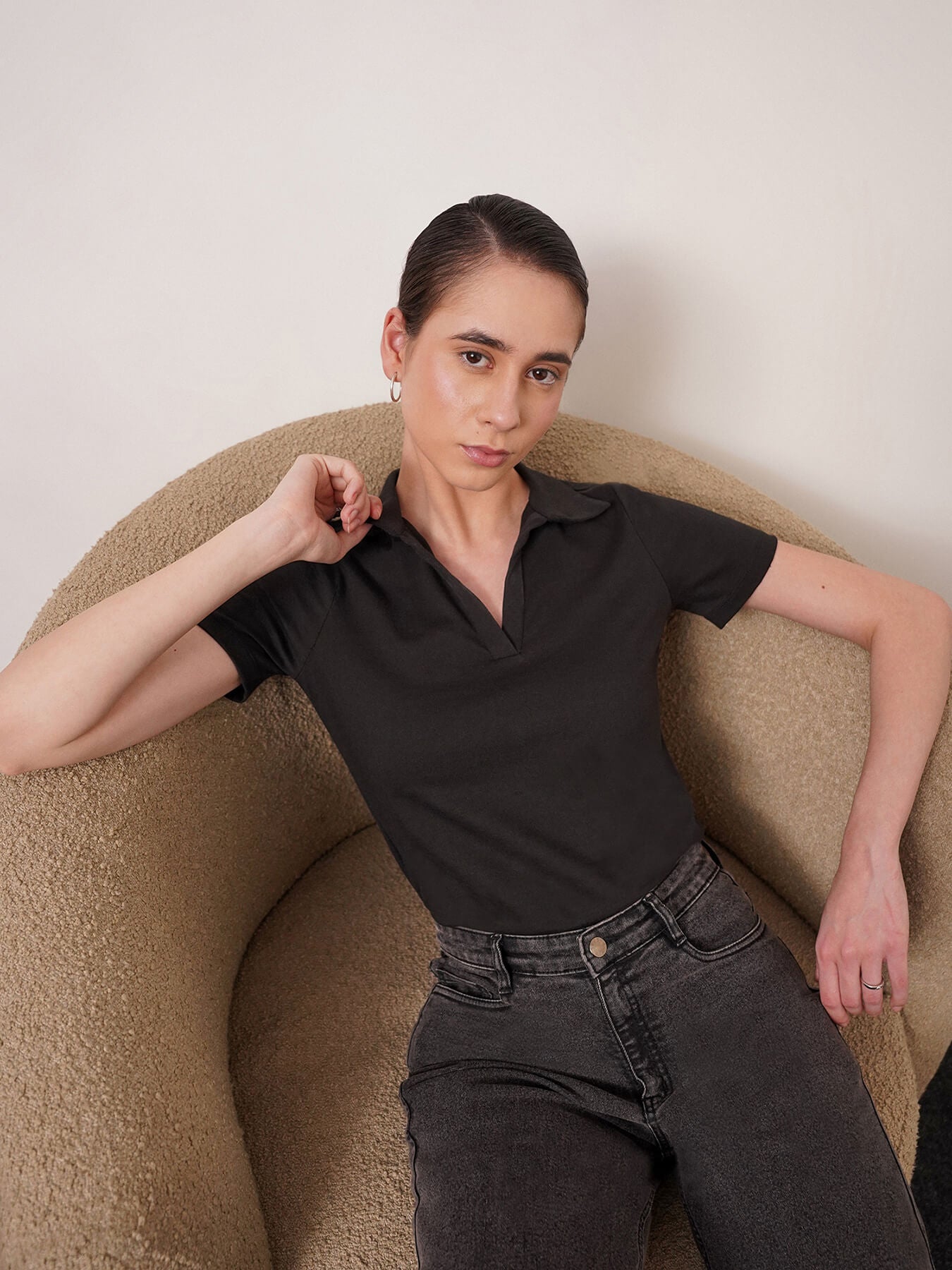 4 Way Stretch Collared LivIn T-shirt - Black