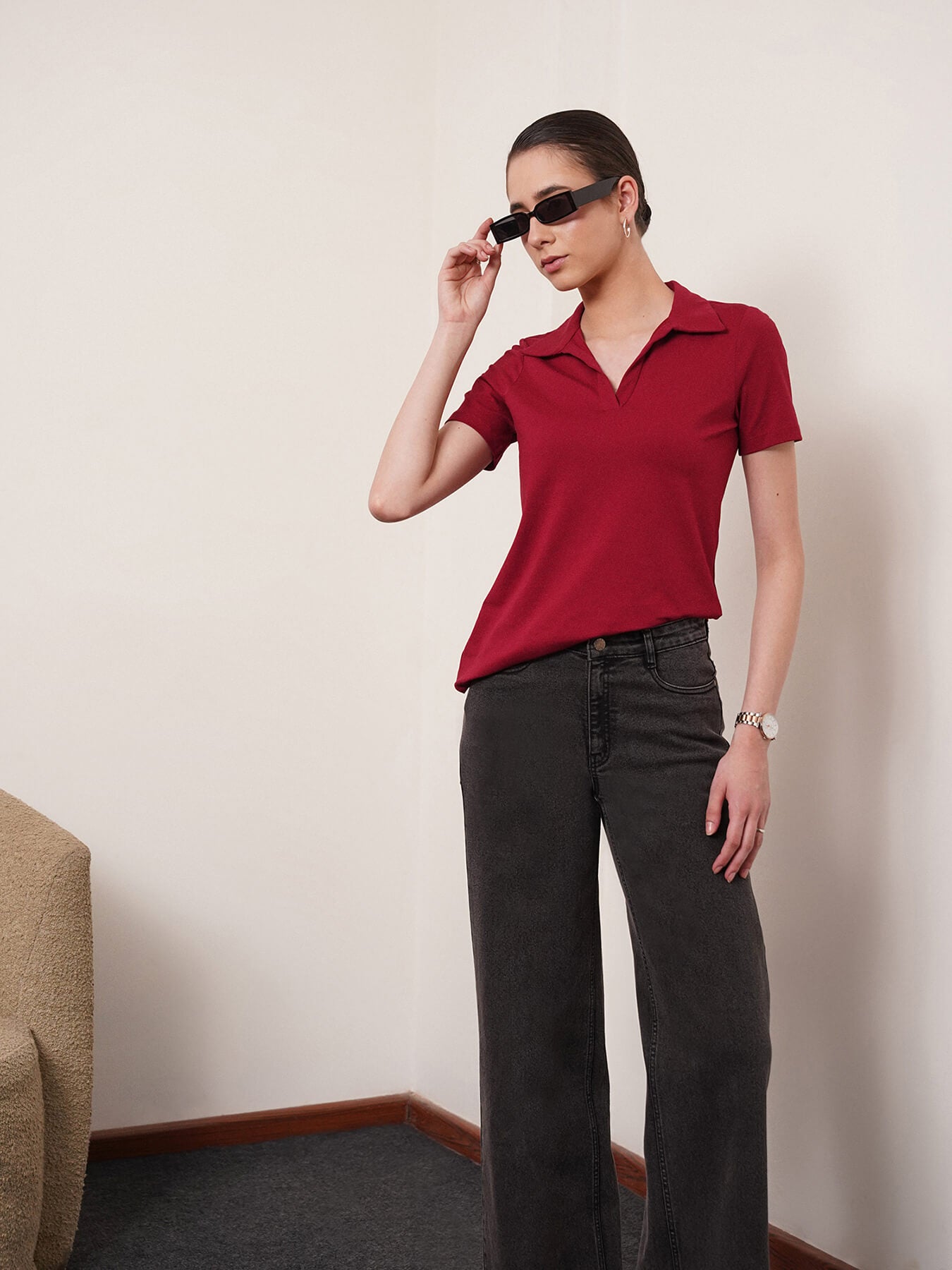 4 Way Stretch Collared LivIn T-shirt - Maroon