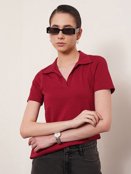 4 Way Stretch Collared LivIn T-shirt - Maroon