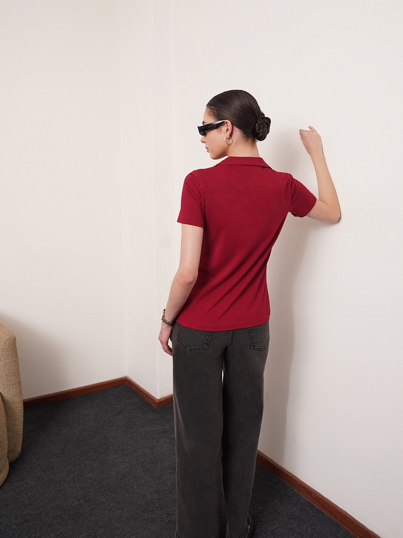 4 Way Stretch Collared LivIn T-shirt - Maroon