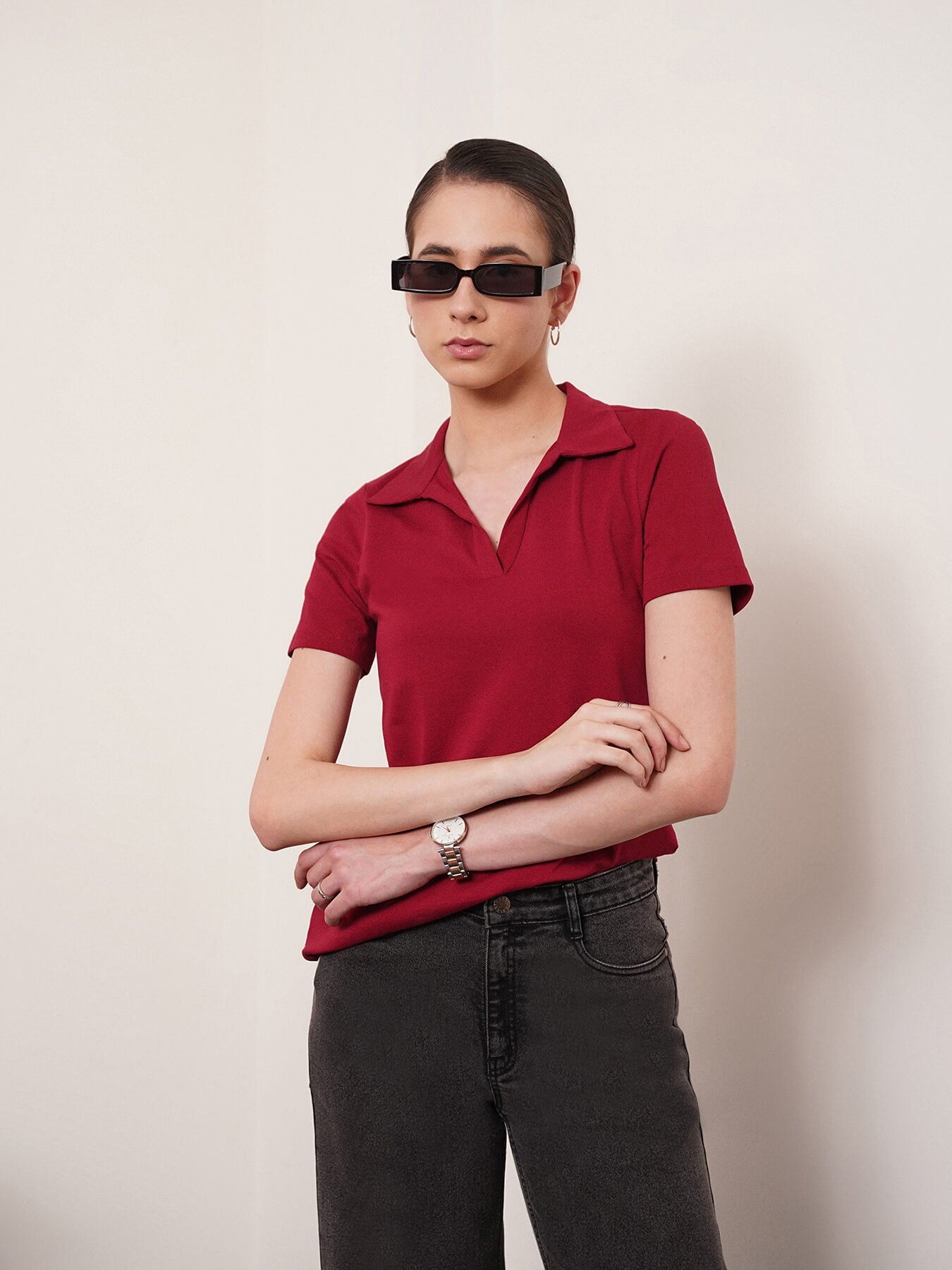 4 Way Stretch Collared LivIn T-shirt - Maroon