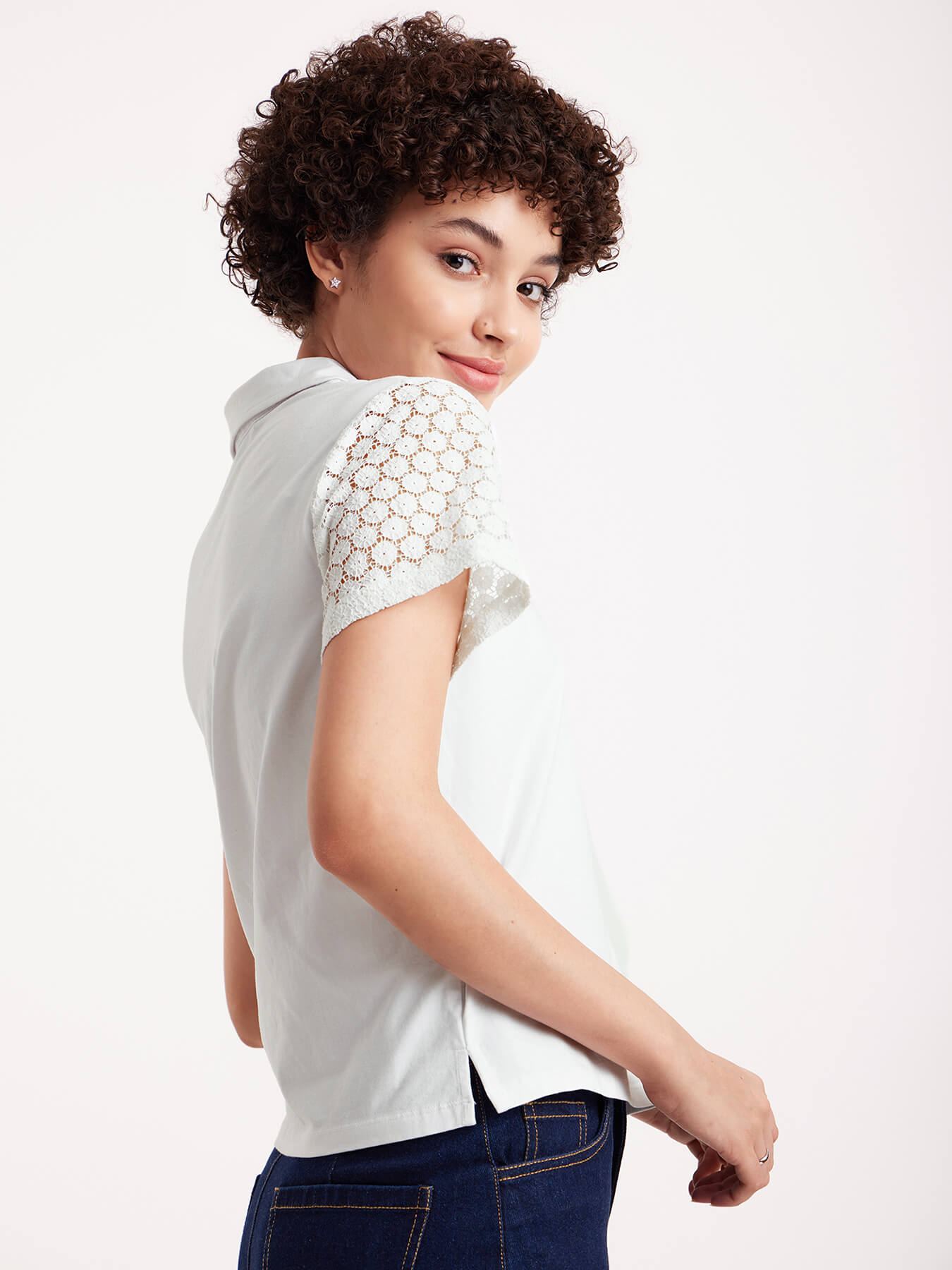 Single Jersey Schiffli Sleeves Polo Tee - White