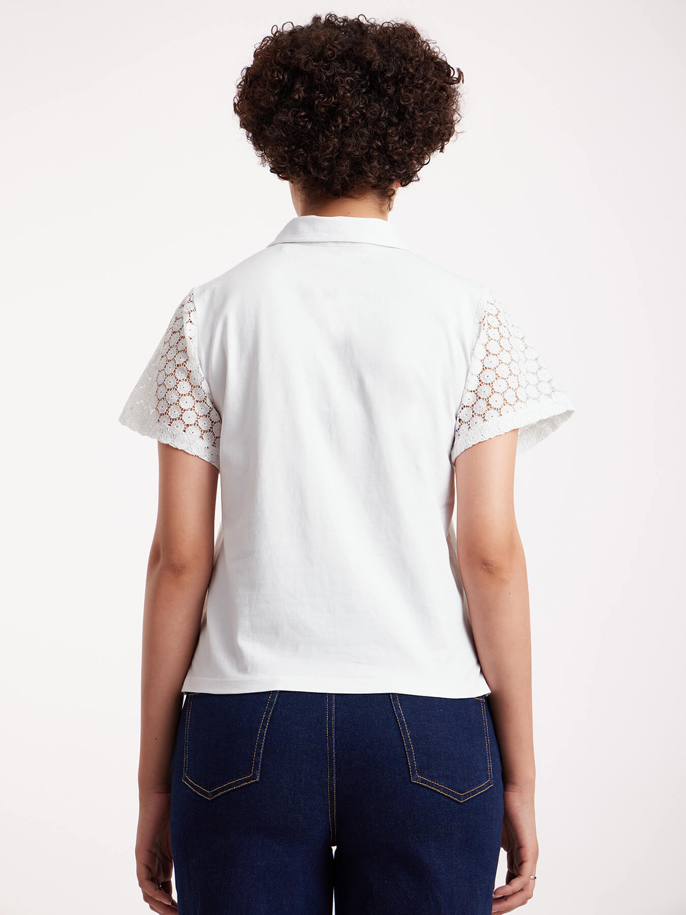 Single Jersey Schiffli Sleeves Polo Tee - White