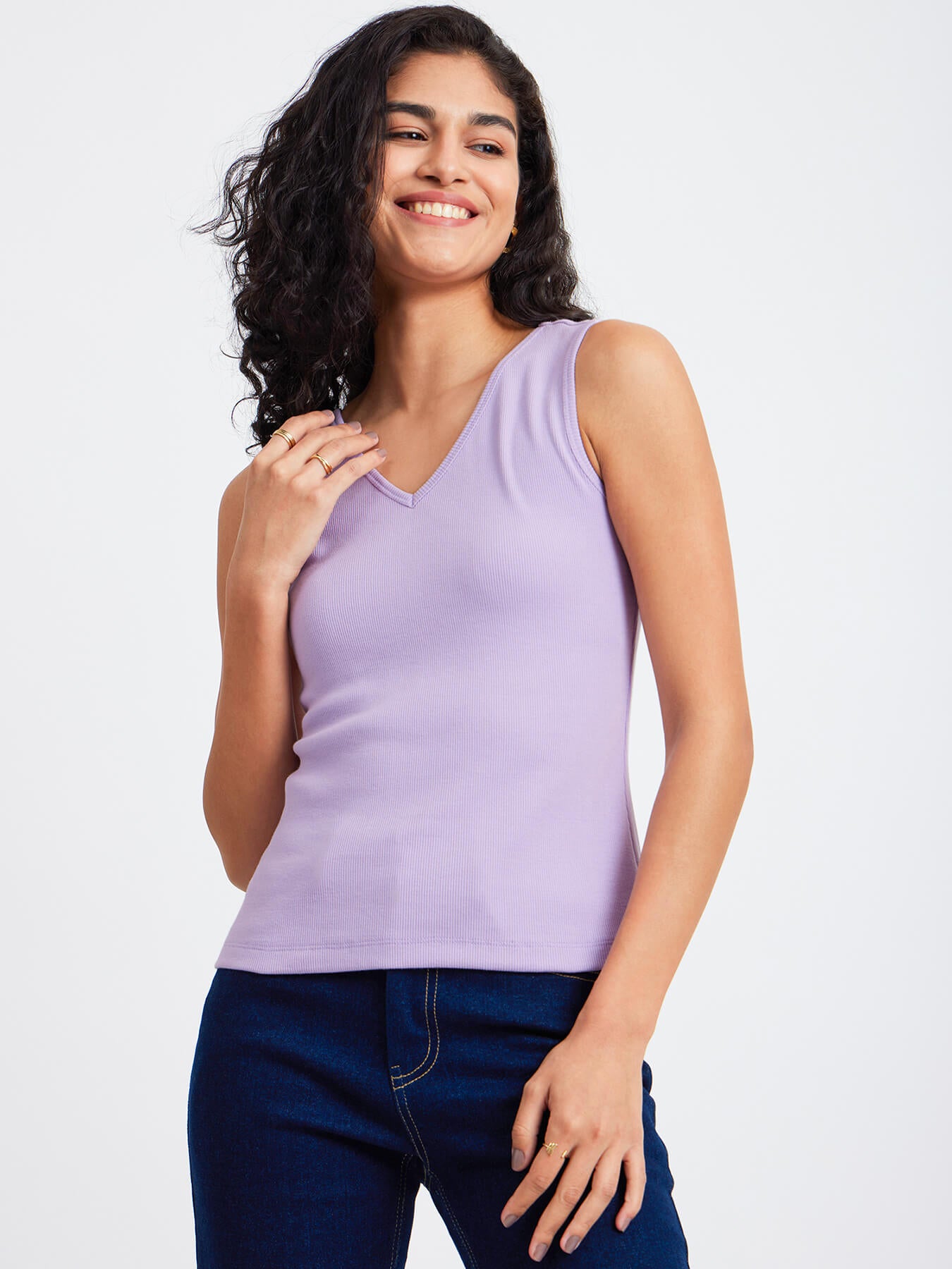 Stretchable V-Knitted Tee - Lilac