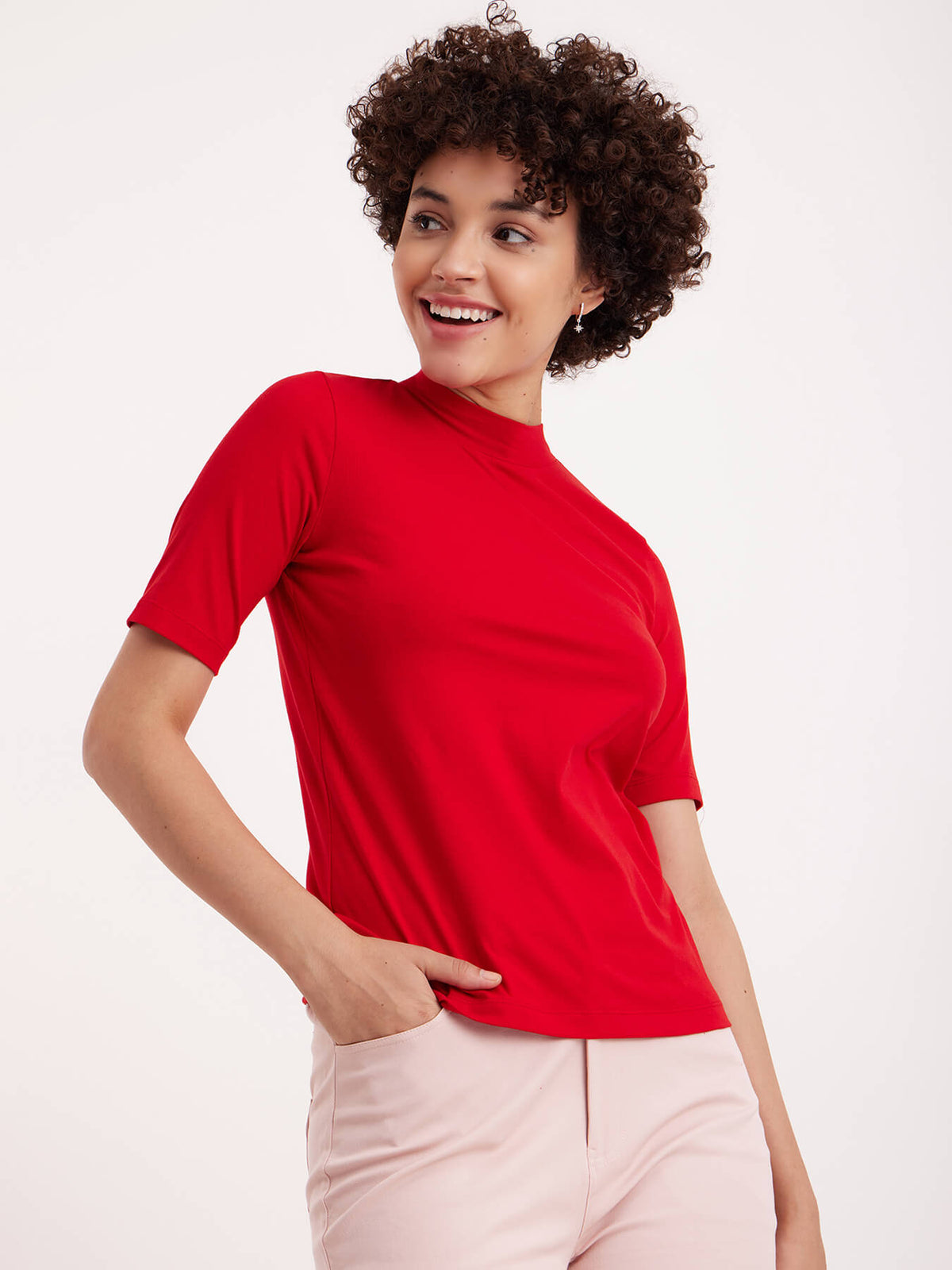 High Neck Knitted Tee - Red