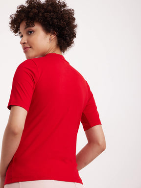 High Neck Knitted Tee - Red