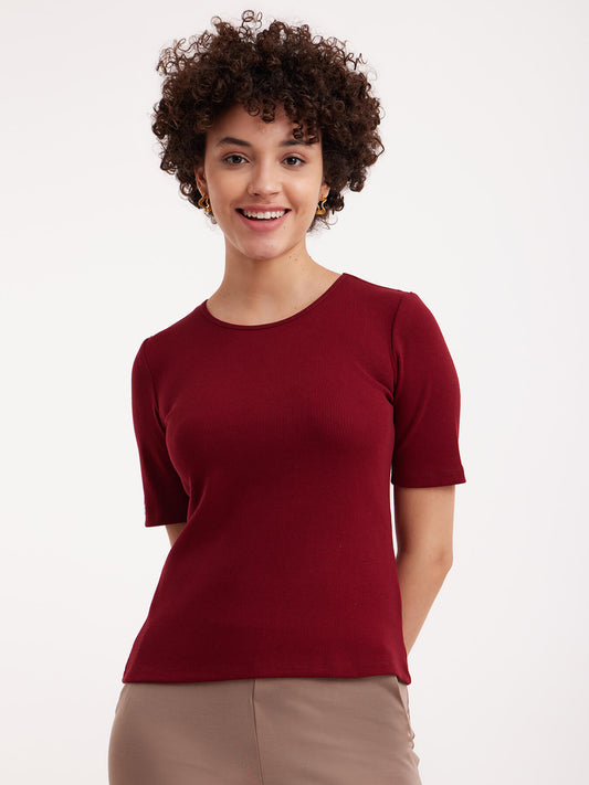 Stretchable Round Neck LivIn T Shirt - Maroon