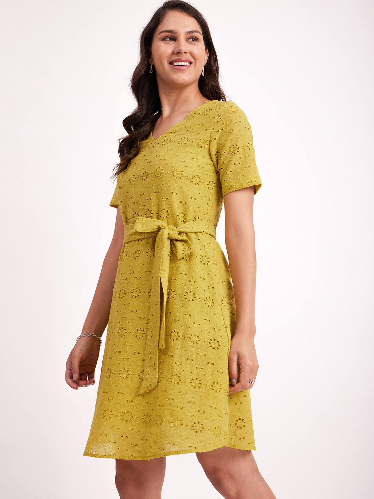Cotton Schiffli A-Line Dress - Lime