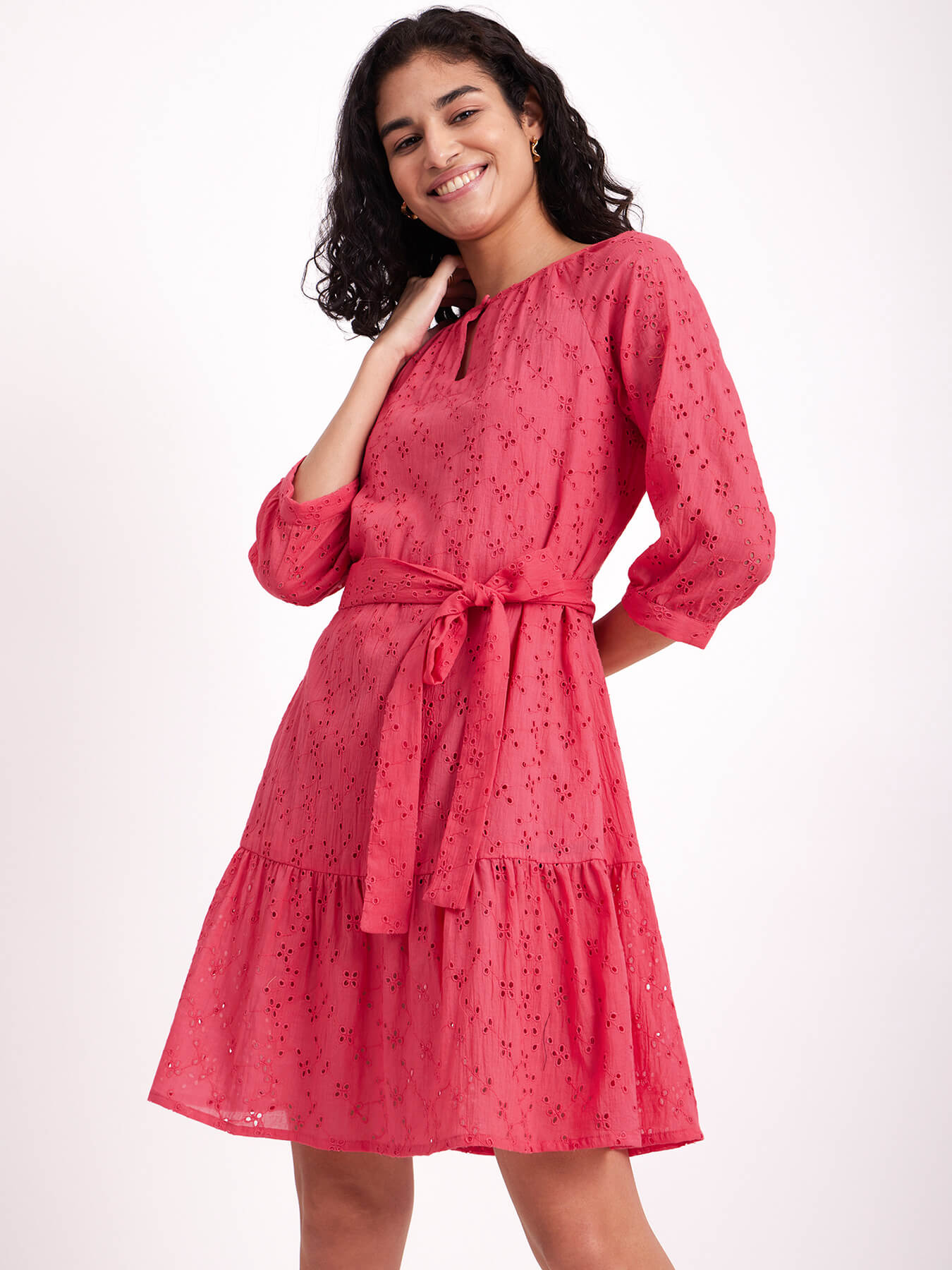 Cotton Schiffli Tiered Dress - Pink