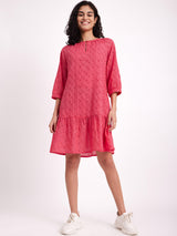 Cotton Schiffli Tiered Dress - Pink