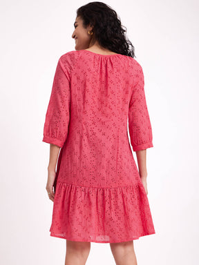 Cotton Schiffli Tiered Dress - Pink