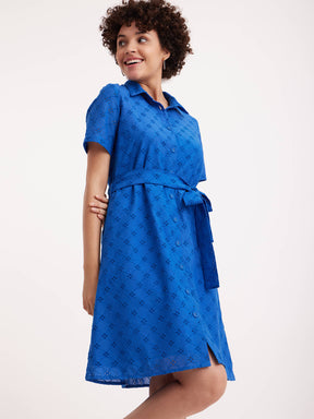 Cotton Schiffli Shirt Dress - Blue