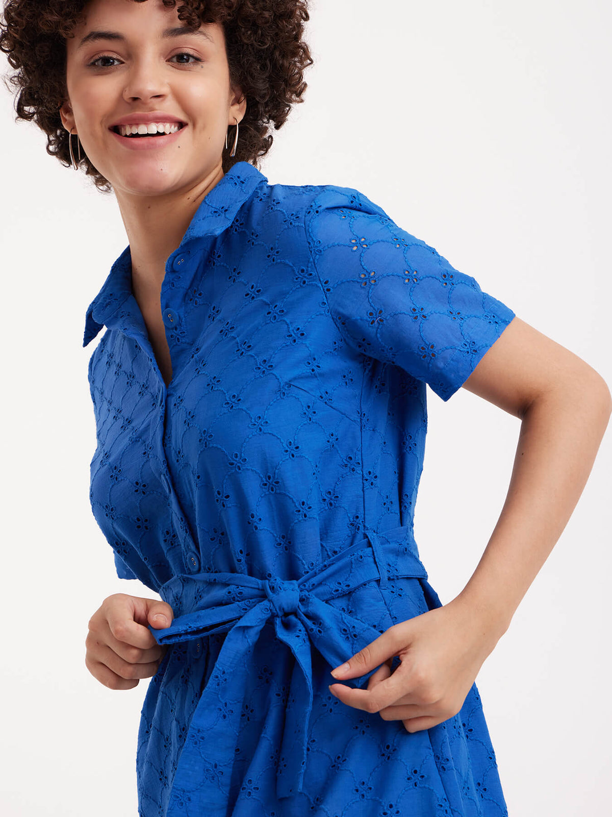 Cotton Schiffli Shirt Dress - Blue