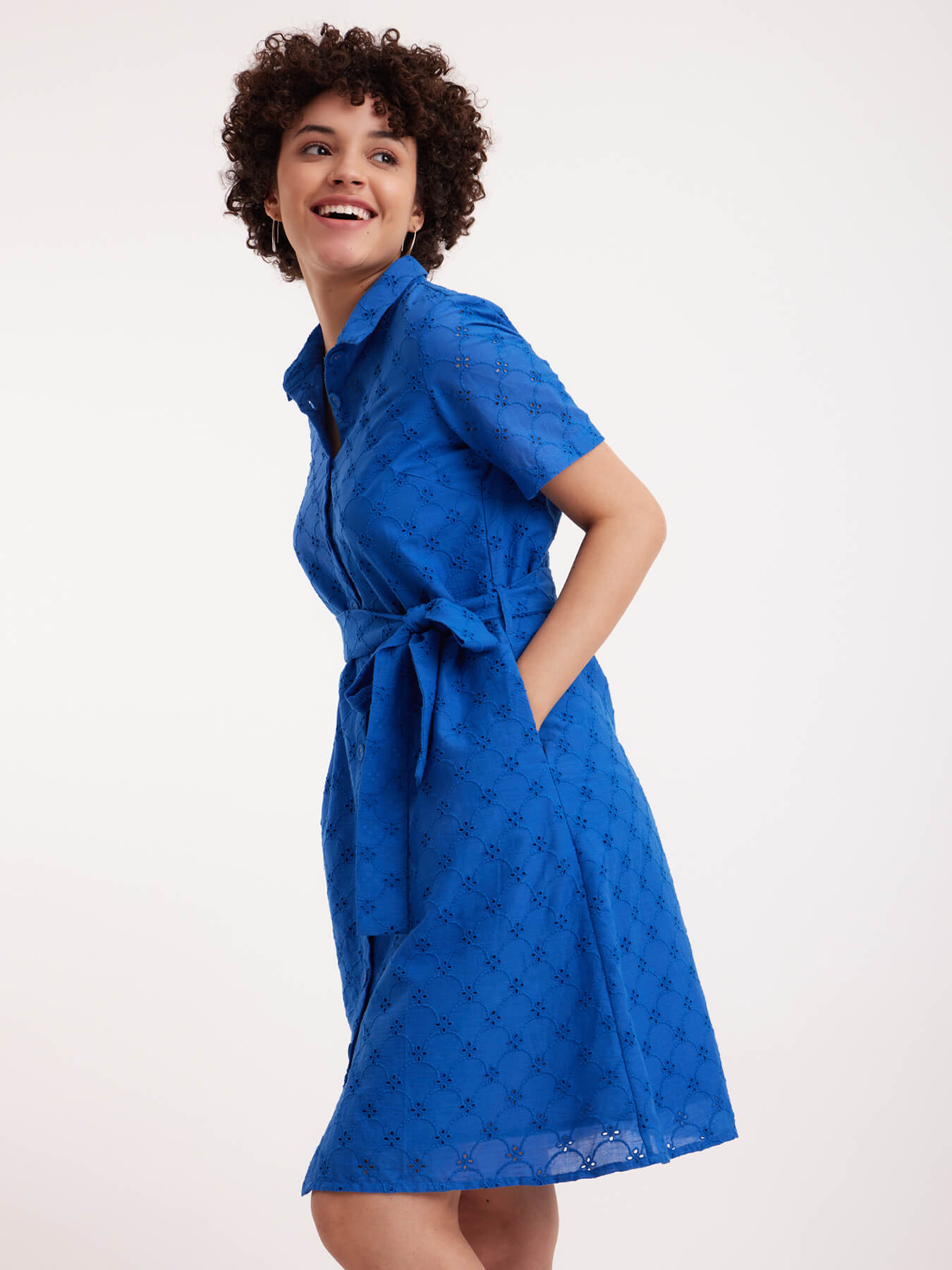 Cotton Schiffli Shirt Dress - Blue